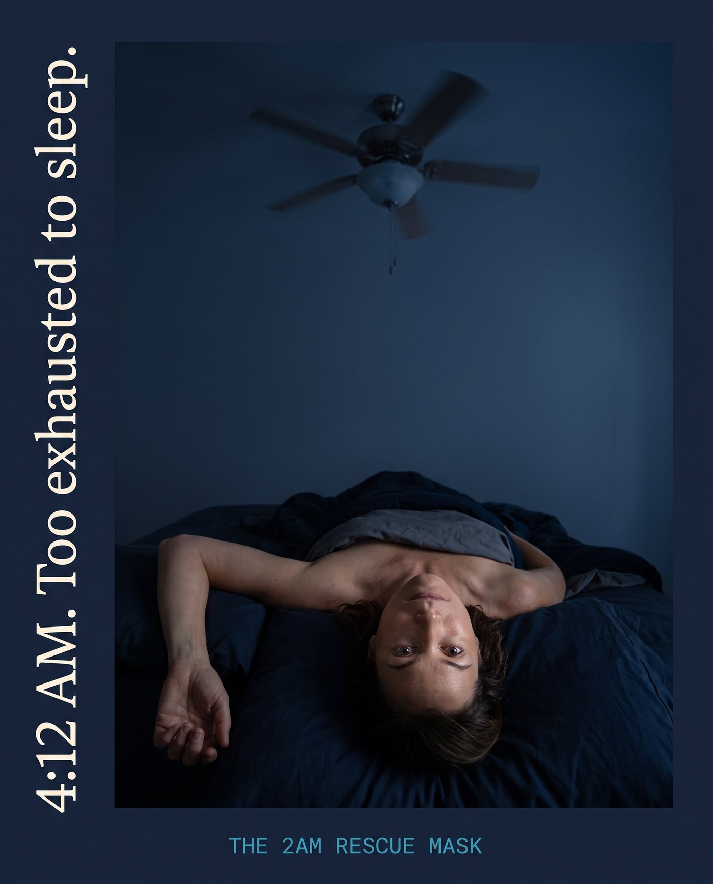4:12 AM — woman lying awake staring at the ceiling fan, too exhausted to sleep, too wired to rest