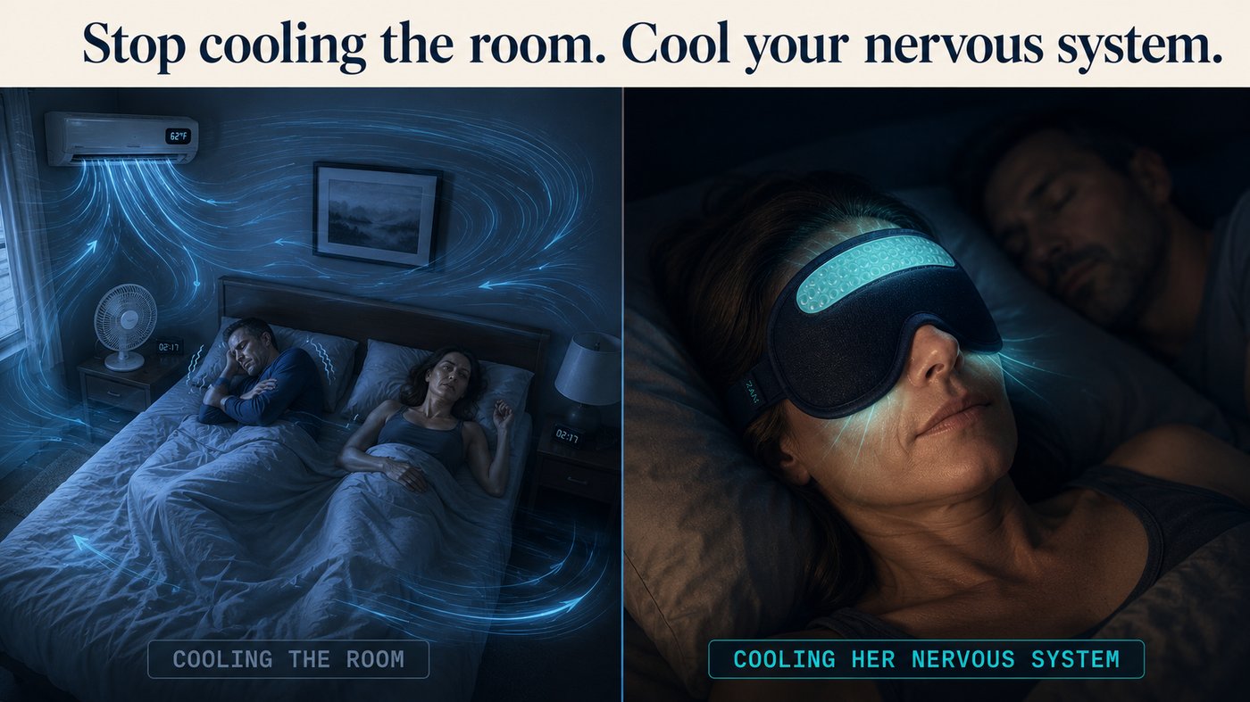 Stop cooling the room. Cool your nervous system. Left: AC at 62°F, husband frozen, woman awake — cooling the room. Right: woman wearing 2AM Rescue Mask, husband sleeping peacefully — cooling her nervous system.