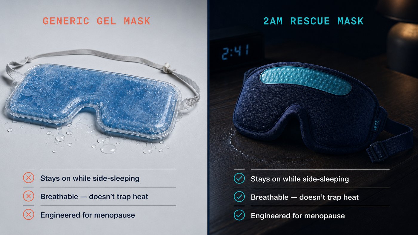 Side-by-side comparison: Generic gel mask (dripping condensation, thin strap) vs 2AM Rescue Mask (breathable, side-sleeper strap, engineered for menopause)