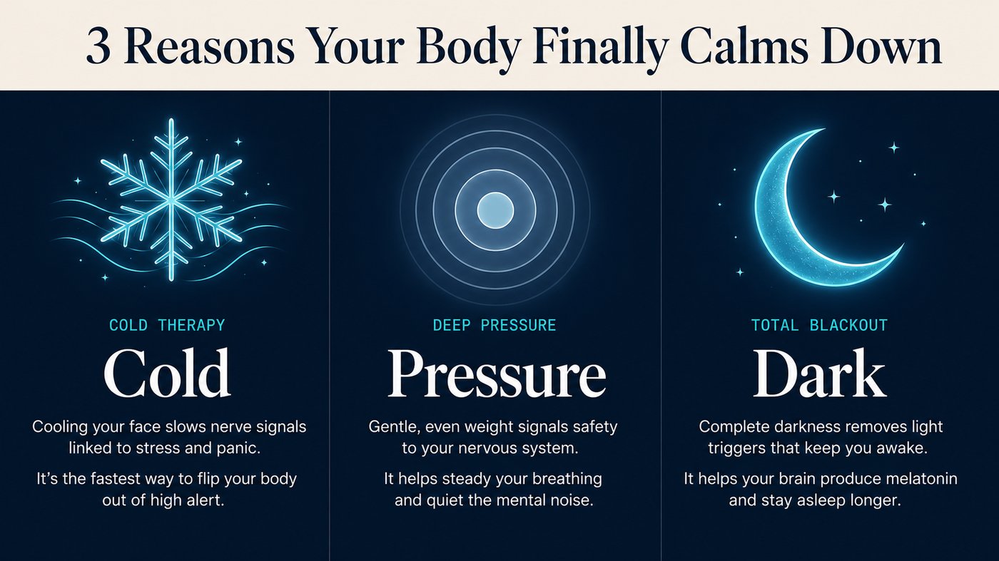 3 Reasons Your Body Finally Calms Down: Cold Therapy — cooling your face slows nerve signals linked to stress. Deep Pressure — gentle weight signals safety to your nervous system. Total Blackout — complete darkness helps your brain produce melatonin.