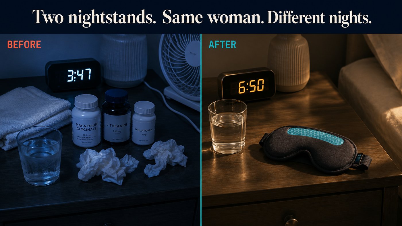 Two nightstands: BEFORE at 3:47 AM — supplement bottles, towel, crumpled tissues. AFTER at 6:50 AM — just the 2AM Rescue Mask and a glass of water.