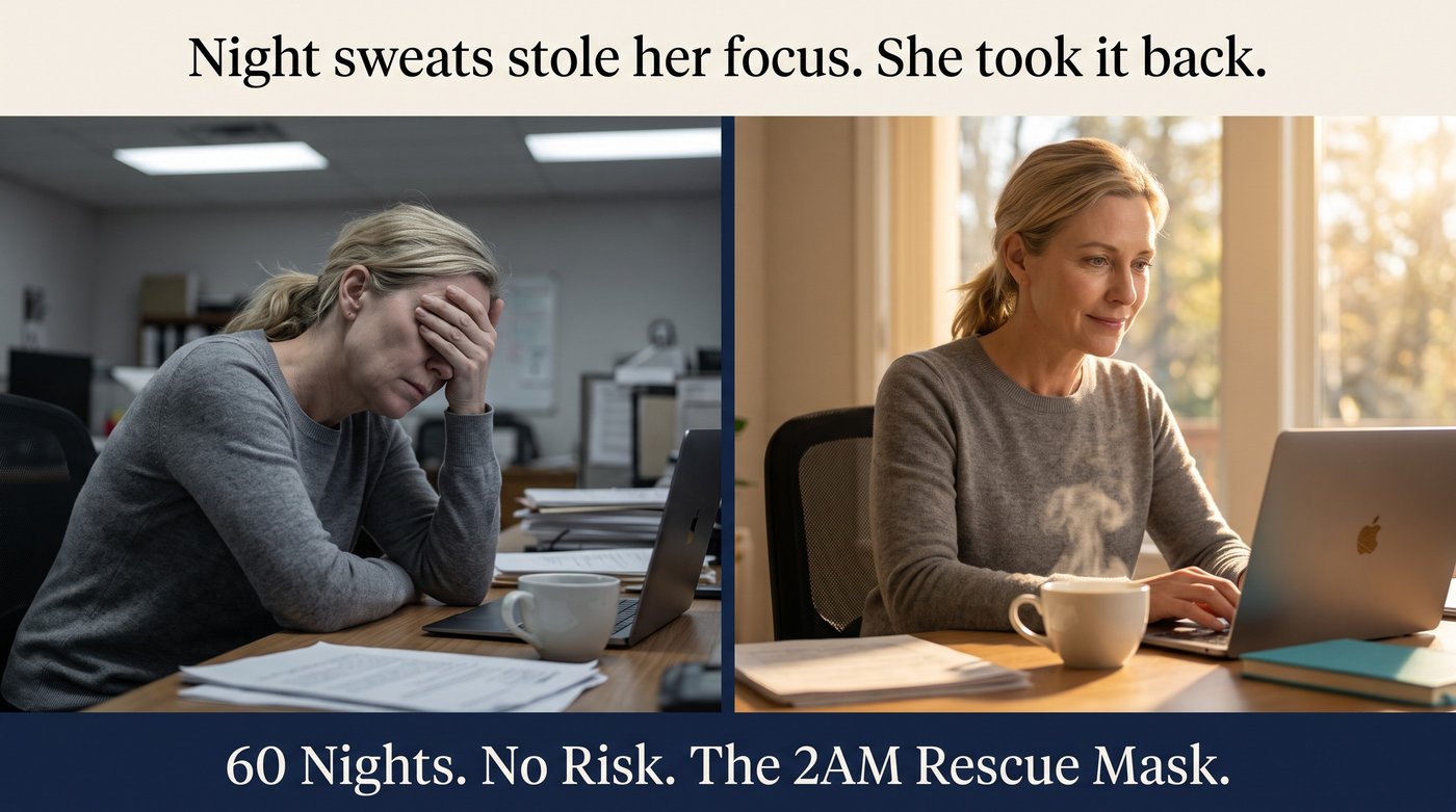 Before: woman with head in hands at her desk, exhausted from sleep deprivation. After: same woman alert and focused at her laptop, morning light.