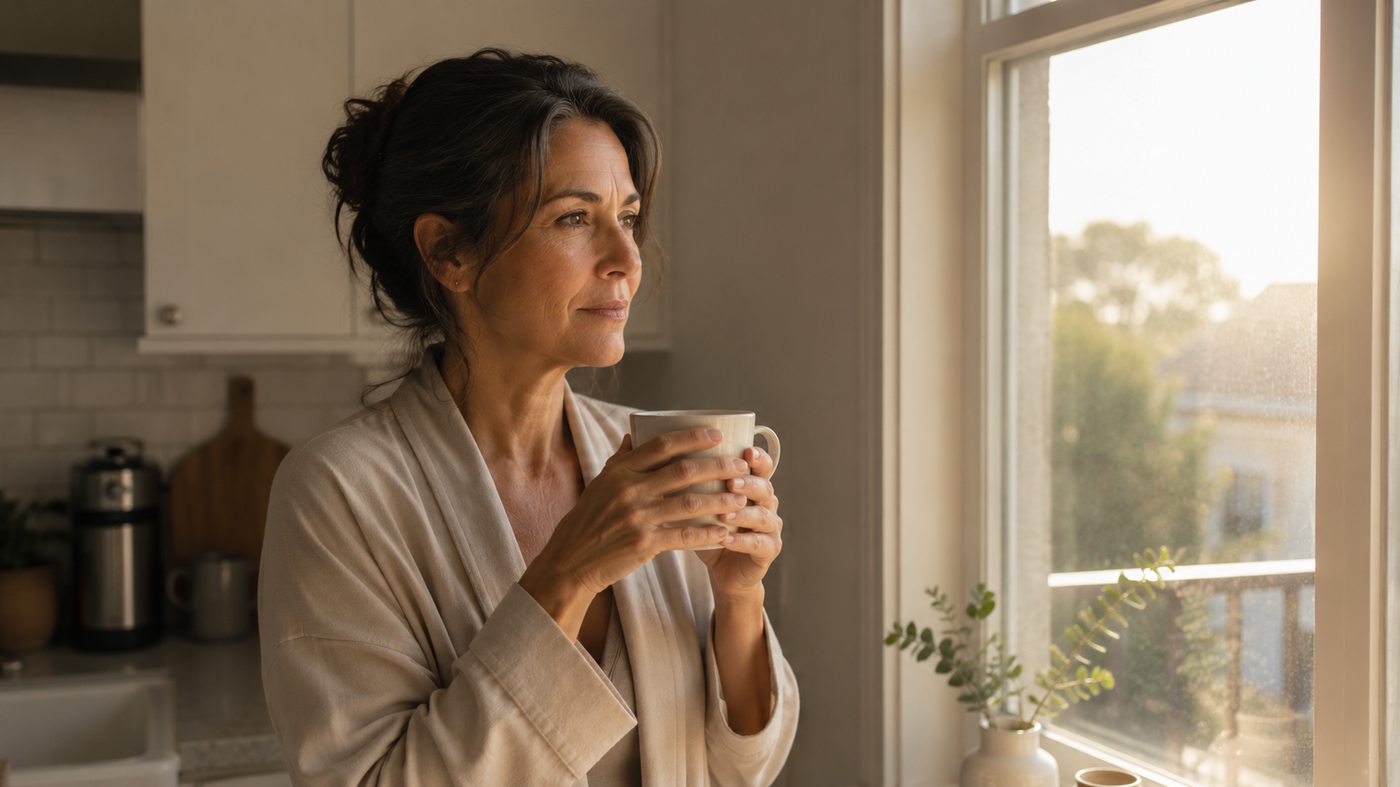 Woman standing at a kitchen window in the morning light, holding coffee, looking quietly outward — the return of the self she thought she'd lost.