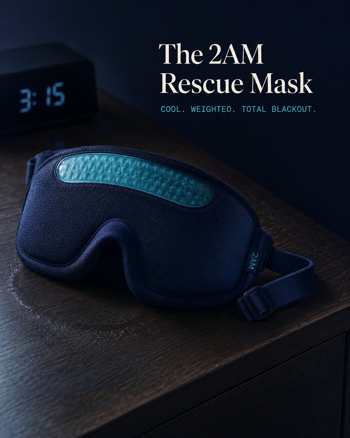 The 2AM Rescue Mask on a nightstand at 3:15 AM — dark navy mask with teal cooling gel insert. Cool. Weighted. Total Blackout.