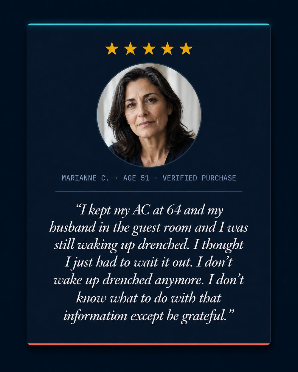 Marianne C., 51 — 5 stars — I kept my AC at 64 and my husband in the guest room and I was still waking up drenched. I don't wake up drenched anymore.
