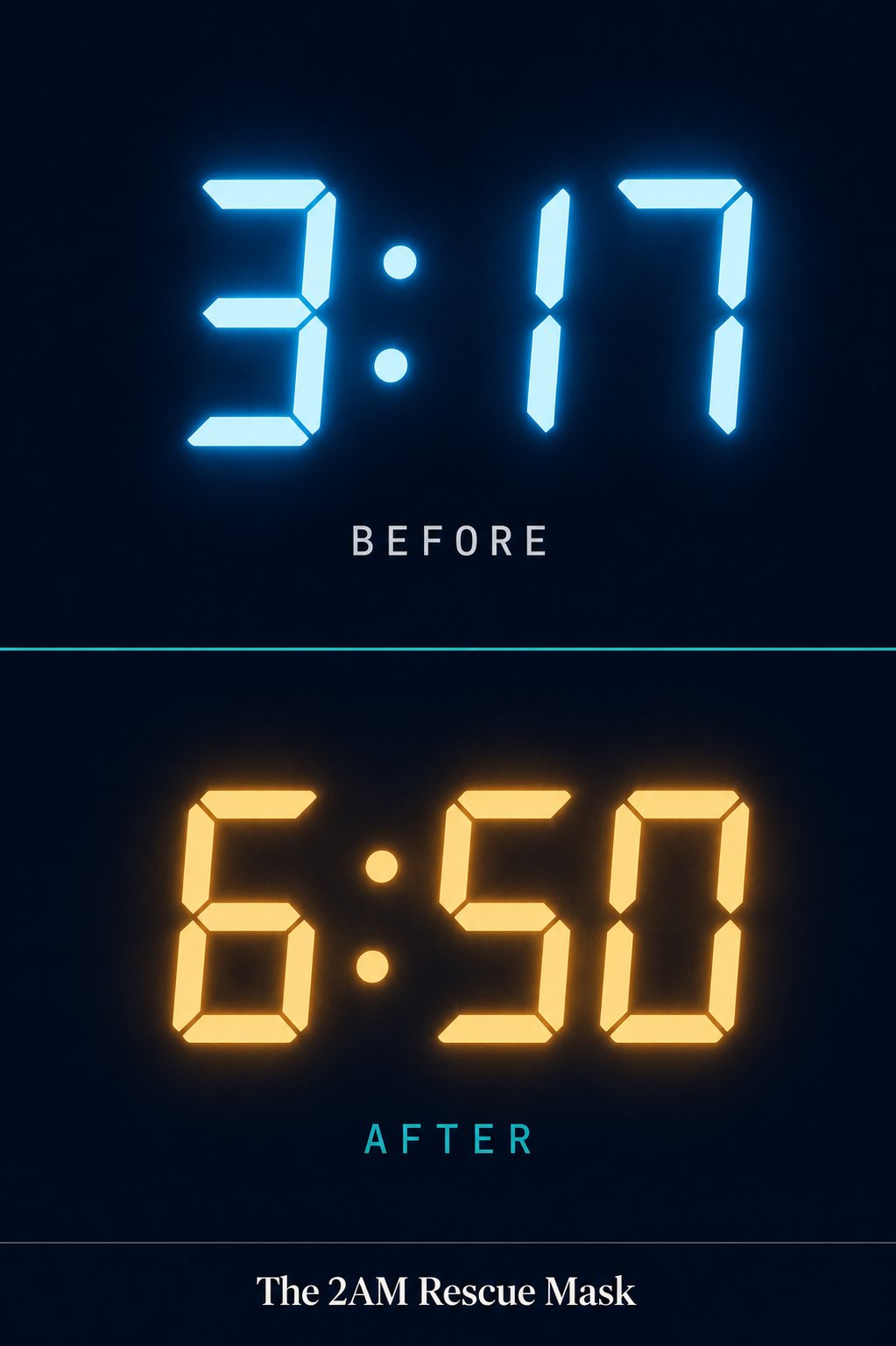 3:17 BEFORE (cold blue) → 6:50 AFTER (warm gold). The 2AM Rescue Mask. The complete arc in two numbers.
